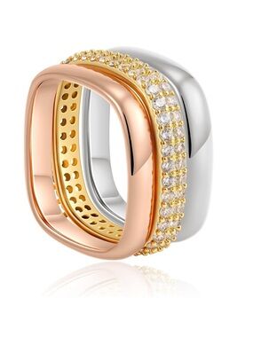 18k Gold Simulated Diamond Chunky Geometric Square Retro 3 Piece Ring Set